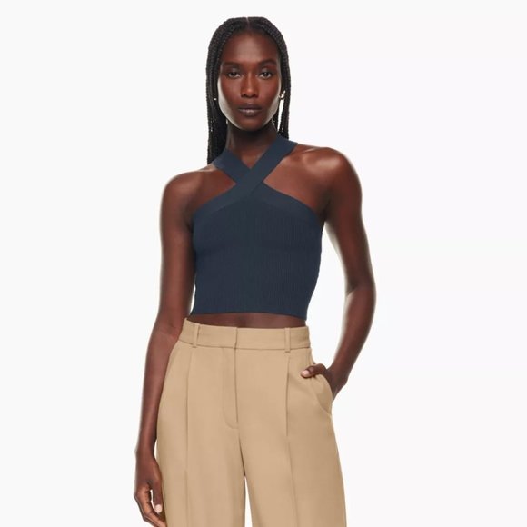 Aritzia Tops - Babaton Sculpt Knit Criss Cross Cropped Tank Ribbed halter top Charcoal size XL